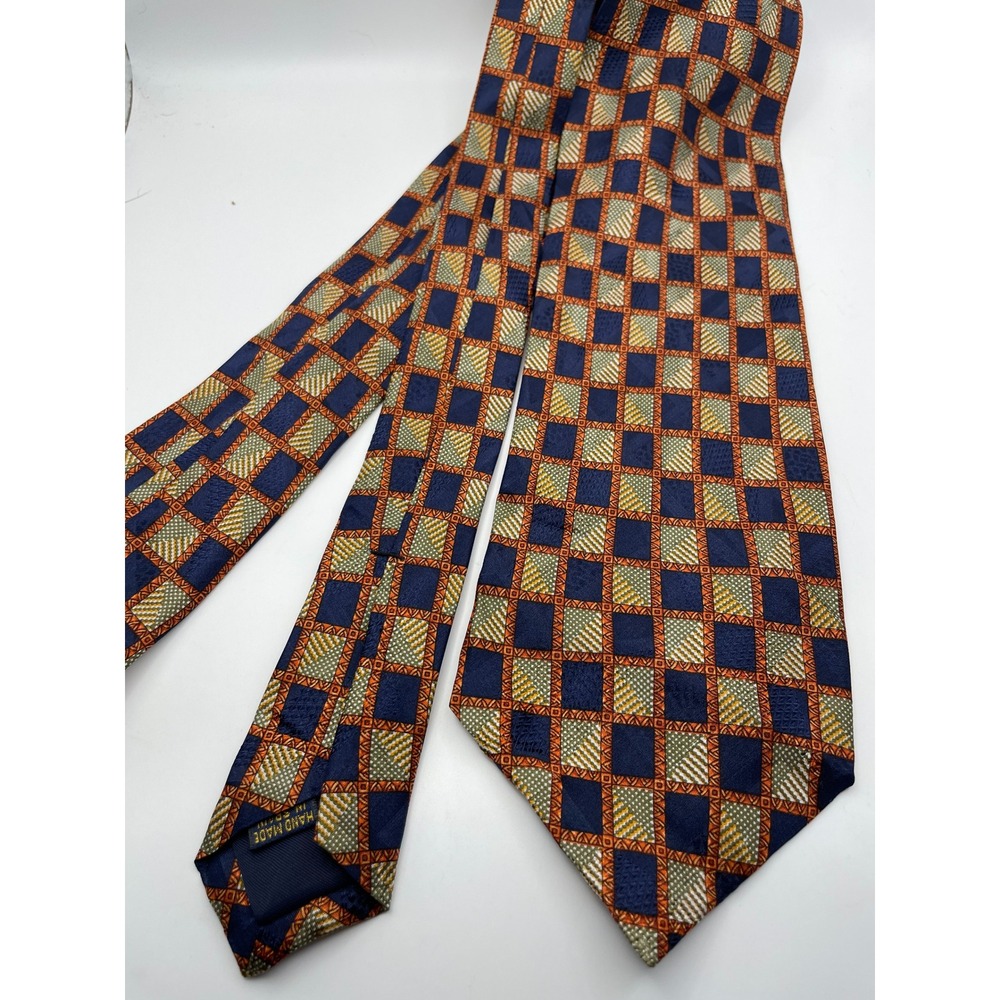 Richel Barcelona Men Navy Orange Green Geometric Silk Tie Hand Made Spain NEW